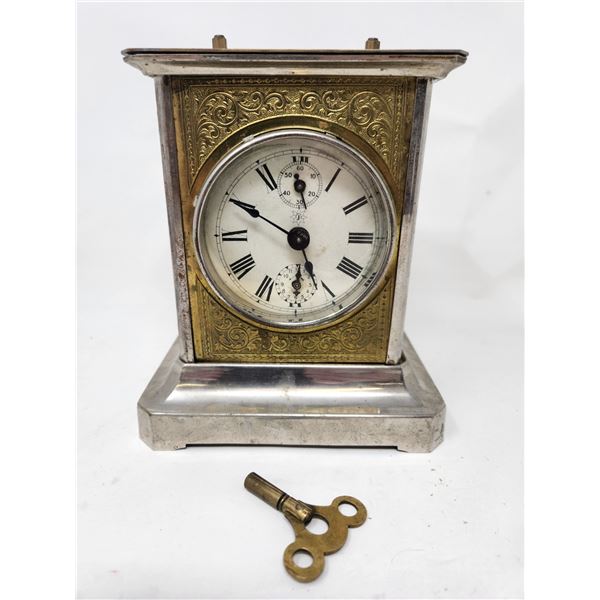 Antique Ornate Metal Case Junghans Clock With Key 5" x 6"