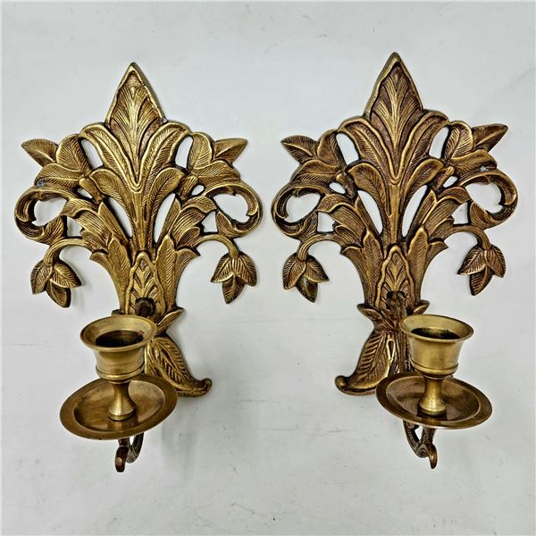 2 Vintage Heavy Brass Wall Candle Holders