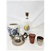 Image 1 : Mini Tea Kettle, 4 Shot Glasses, and 2 Vases Lot