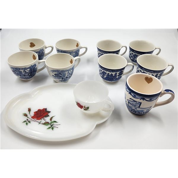 2 Sets of Tea Cups, Wedgewood and Vintage Federal Milk Glass Plate and Tea Cup