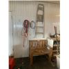 Image 1 : Wood Garden Bench 38 w x 24 l x 36 h & Wood Wind-chime (broken) 3 Step Ladder, 3 Extension Cords, Po