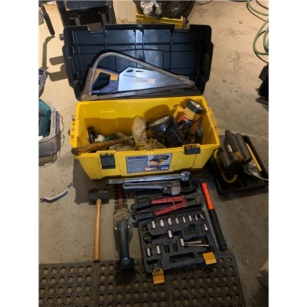 Strong N'Tough Toolbox w Asst  Tools incl Saw, Flash &Worklight, Incomplete Socket Set etc