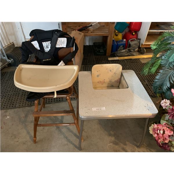 Wood High Chair, Eddy Bauer Baby Carrier & Vintage Melamine Baby Table/Chair