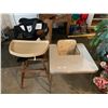 Image 1 : Wood High Chair, Eddy Bauer Baby Carrier & Vintage Melamine Baby Table/Chair