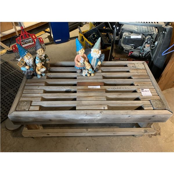 Two Gnome Garden Family Figurines &Sold Wood Bench