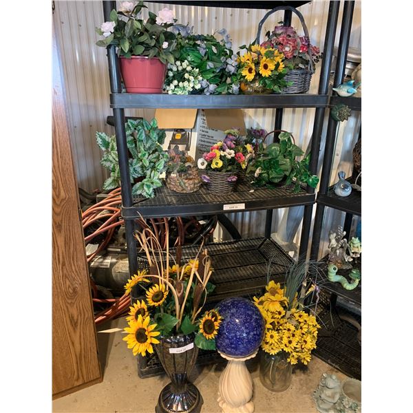 Huge Variety of Silk Flowers & Plants, Blue Garden Globe on Stand & Sunflowers in Lg Iridescent Blac