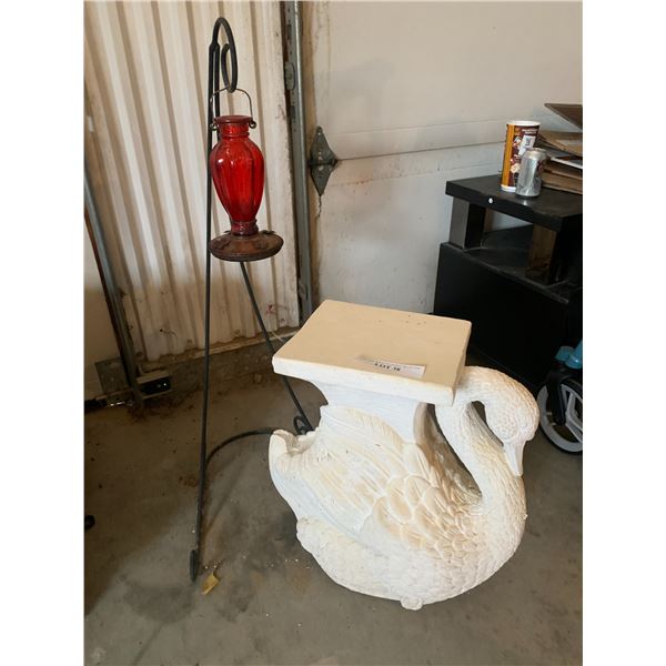 Ceramic Swan Pedestal (Corner Chipped) & Metal Garden Stand w Hummingbird Feeder