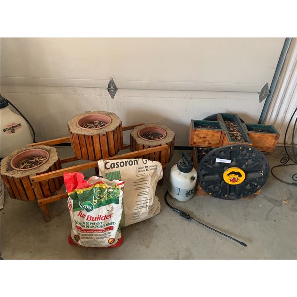 Two Wood Garden Planter, Spray Doc Chemical Sprayer, Turf Builder & Casaron G-4 Herbidcide (Open Bag