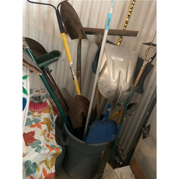 Rubbermaid 20 Gallon Garbage Can, Asst Shovels, Rakes, Two Pruners & Weed Tools