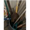 Image 3 : Rubbermaid 20 Gallon Garbage Can, Asst Shovels, Rakes, Two Pruners & Weed Tools