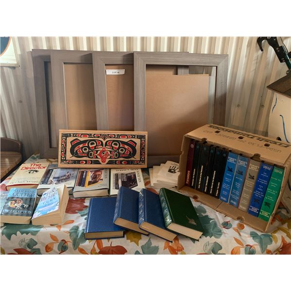 Four Picture Frames, Salmon Box & Asst Hard & Soft Cover Books