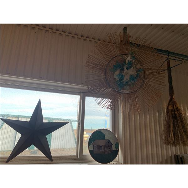 Decorative Straw Wall Hanging, Corn-husk Broom, Metal Star & Quilt Fabric Farmhouse
