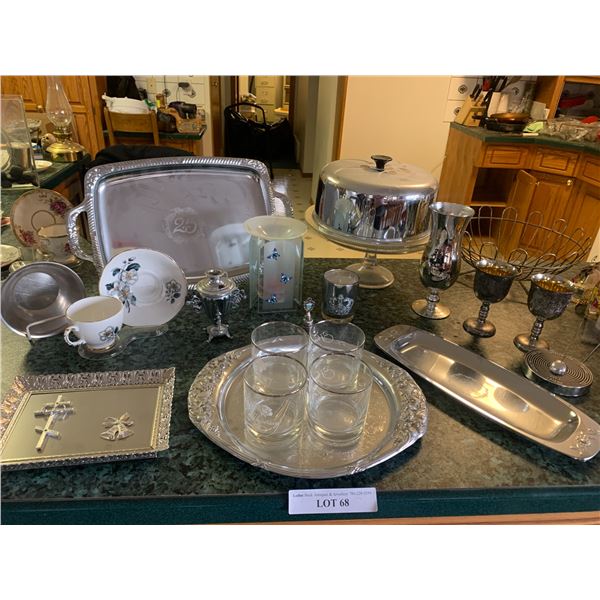 Silver Plated Platters, Cake Plate on Glass Stand, Goblets, Basket, Religious Plaque, Mini Samovar &