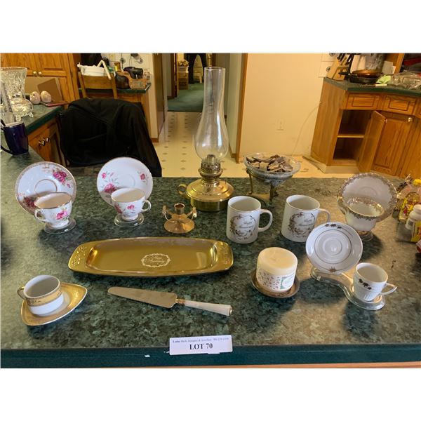 Oil Lantern, Asst Teacups/Saucers, Anniversary Mugs &Serving Plate, Brass Pot Potpourri Dish, Taper 