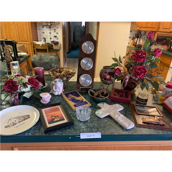 Barometer, Warburg United Church Plate, Silk Flowers, Angel, Votive Candles, Green & Brass Bowl, Fra