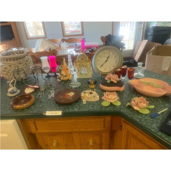 Glenmont Clock, Pink & Green Floral Candle Holders/Bowl/Dish (dish chipped flower), Angel Clock, Fla