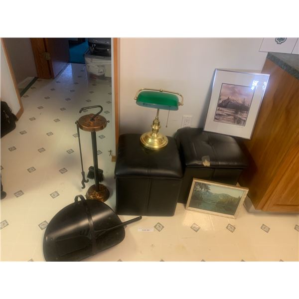 Brass Desk Lamp w Green Shade, Pr Black Collapsible Storage Ottoman's (1 top need to be reupholstere