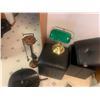 Image 8 : Brass Desk Lamp w Green Shade, Pr Black Collapsible Storage Ottoman's (1 top need to be reupholstere