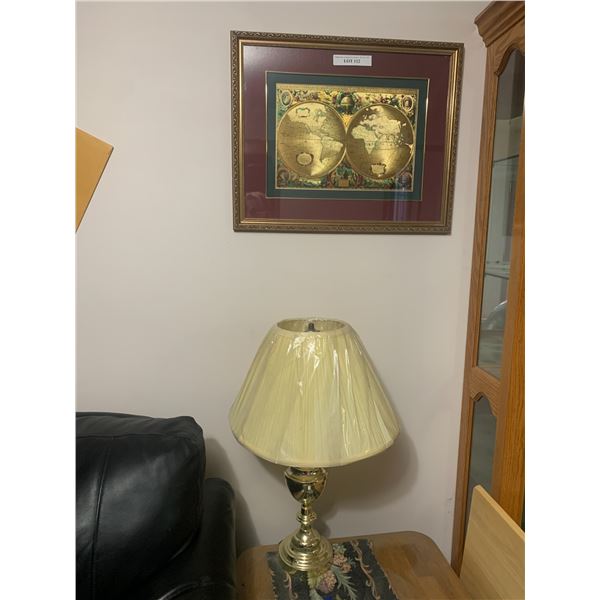 Framed Gold Foil World Map (Glass Cracked) & Brass Lamp w Shade