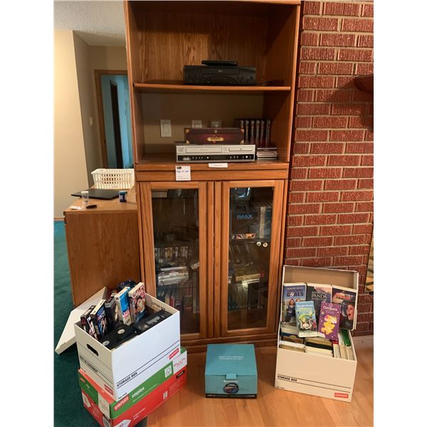 Wood & Glass Cabinet w 6 Shelves, Zenith VHS, Citizen DVD/VHS Combo, Gadget Tree Light-up CD Boom Bo
