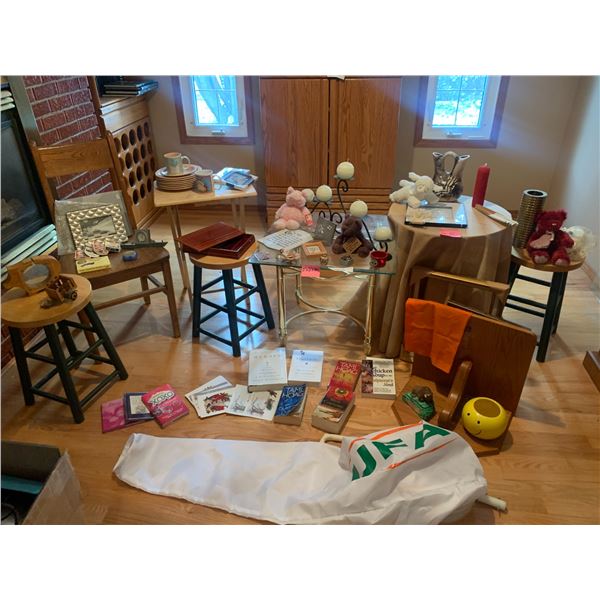 Brass & Glass Table, Wood Chair, 3 Stools, Asst Books, Stuffed Animals