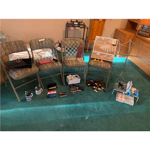 Folding Chairs, Chess/Checkers Set, Office Supplies, Metal Music Stand, Picture Frame Holders, Utili