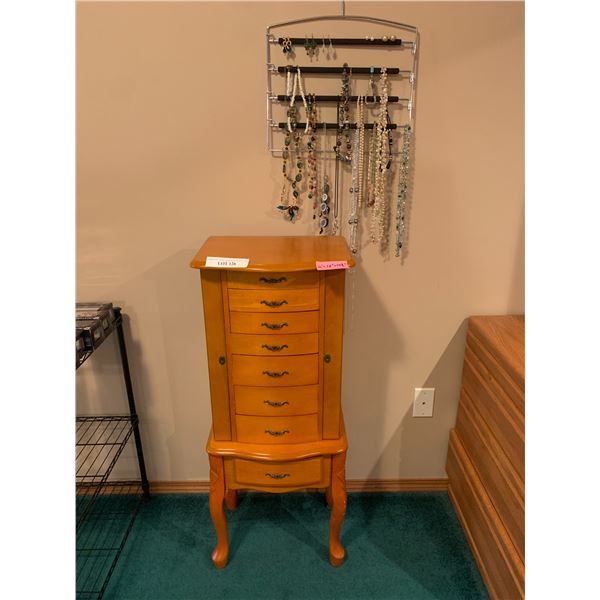 Eight Drawer Wood Jewellery Cabinet & Variety of Necklaces, Bracelets & Earrings