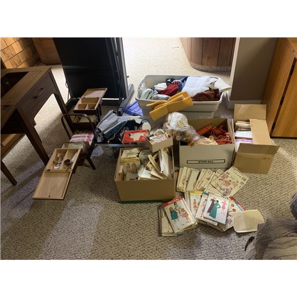 2 Boxes of Vintage Sewing Patterns, Fabric, Yarn, Sewing Table, Steamette Tiered Sewing Box w Suppli
