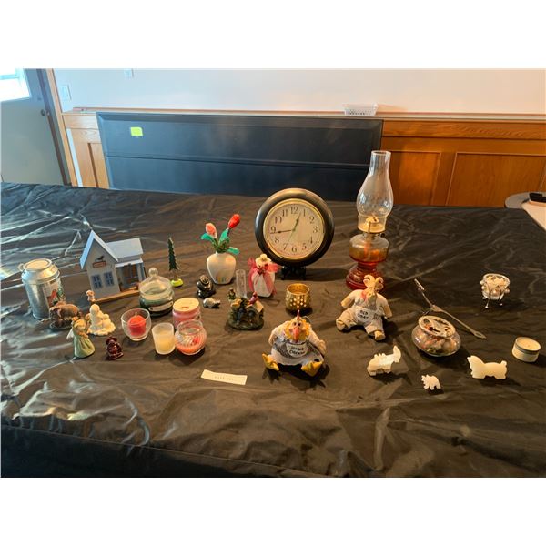 Oil Lantern, Animal Figurines, Candles, Inuit Carving, Clock, Wooden House etc
