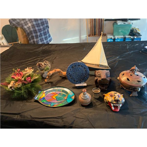 Wood Sail Boat,Two Hand Carved Cheetah Heads, Mexican Bowl w Lid, Vase, Driftwood, Mayan Calendar (c