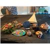 Image 1 : Wood Sail Boat,Two Hand Carved Cheetah Heads, Mexican Bowl w Lid, Vase, Driftwood, Mayan Calendar (c