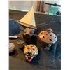 Image 2 : Wood Sail Boat,Two Hand Carved Cheetah Heads, Mexican Bowl w Lid, Vase, Driftwood, Mayan Calendar (c