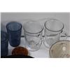 Image 4 : Dishes Lot: (3) Blue Glasses, (2) Clear Glass Mug, Clear Flower Vase, Pizza Cutter, (10) Bowls, (11)