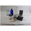 Image 1 : (2) Glass Bottles, (2) Glass Jars, Vintage Box and Tin, Misc.