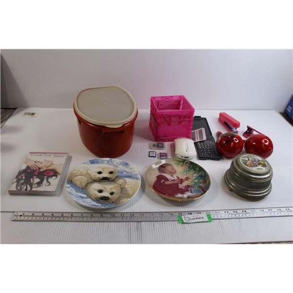 (2) Decorative Plates, Assorted Office Supplies, Misc.