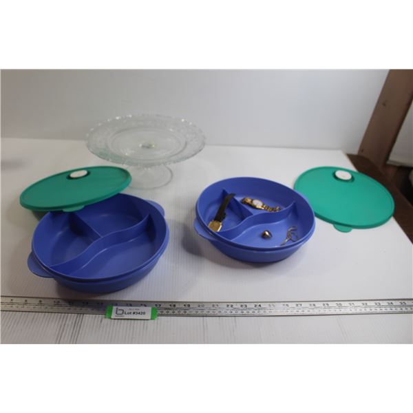 (2) Tupperware Containers, Jewelry, Glass Cake Stand