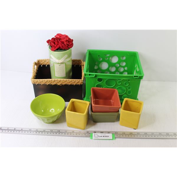 Plastic Crate - Metal Woven Basket - Small Ceramic Plant Pots - Vase