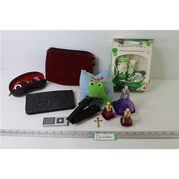 Herbacin Hand Care Products - Perfume Bottles - Frog Door Knob Hanger - Fox Wallet - Misc. Items