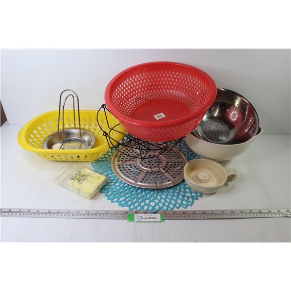 Assortment of Kitchen Ware - Wax - Strainers - Bowl