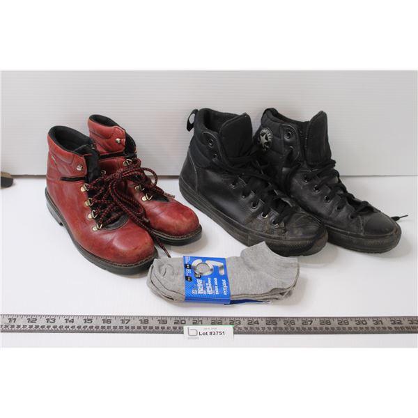 Women's Sorel Red Leather Boots - Size 8.5, Men's Converse Shoes - Size 10.5, Women's Ankle Socks - 