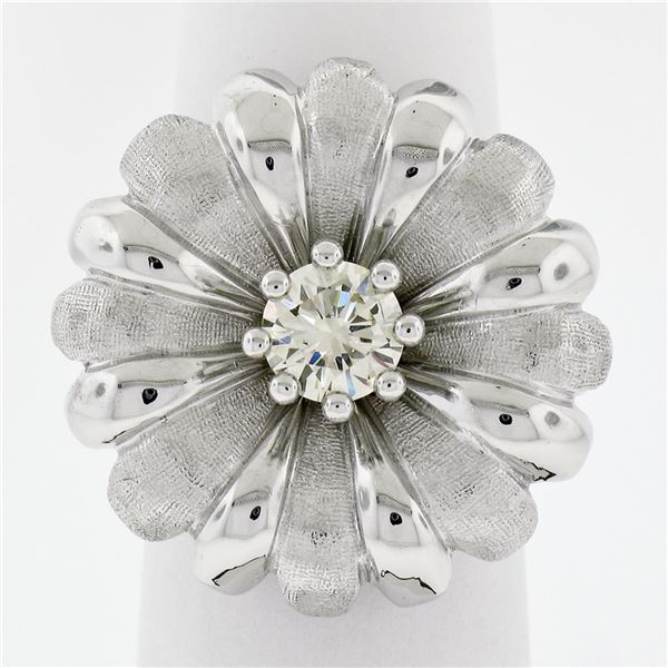 Vintage 18K White Gold .78 ctw Round Brilliant Diamond Large Cocktail Flower Rin