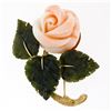 Image 1 : Vintage 14K Yellow Gold Carved Pink Coral Rose Flower w/ 3 Jade Leaf Brooch Pin