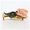 Image 5 : Vintage 14K Yellow Gold Carved Pink Coral Rose Flower w/ 3 Jade Leaf Brooch Pin