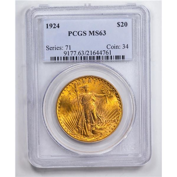 1924 $20 Double Eagle Gold Coin PCGS MS63