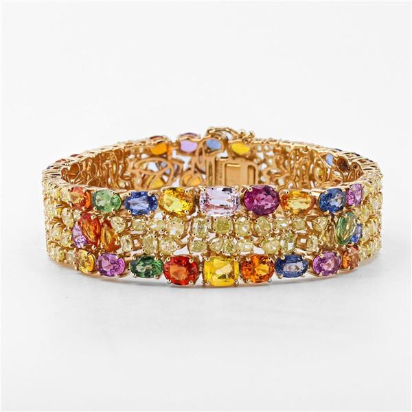 31.68 ctw Multi-Color Sapphire and 13.37 ctw Diamond 14K Yellow Gold Bracelet