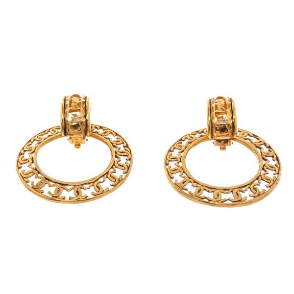 Chanel Gold Gilt Metal Large Round CC Earrings