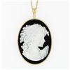 Image 2 : Vintage 14k Yellow Gold Black Onyx Carved Mother Of Pearl Cameo Pendant Necklace