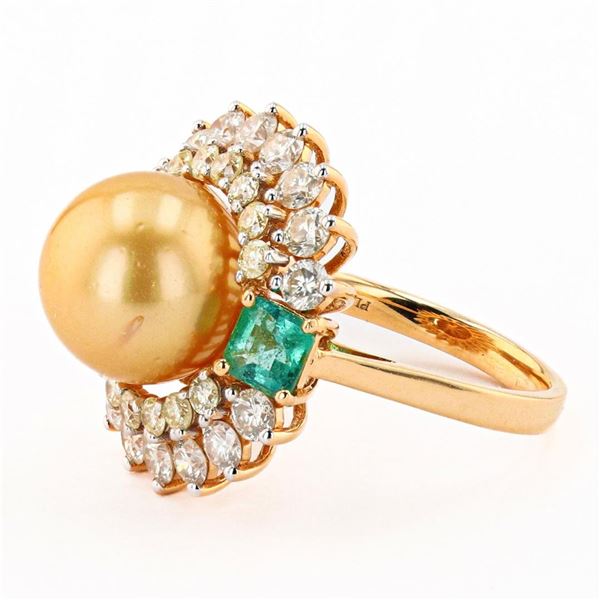 11m GOLDEN South Sea Pearl, 0.80 ctw Emerald and 1.83 ctw Diamond 18K Yellow Gol