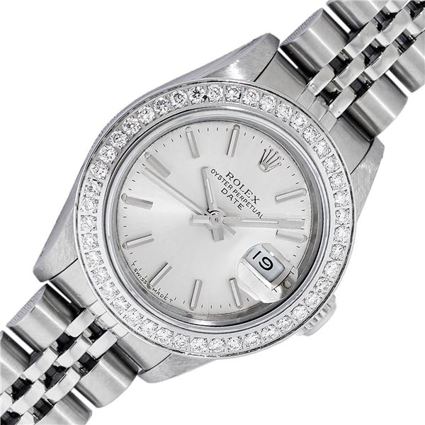 Rolex Stainless Steel Quickset Silver Index Diamond Date Watch 26MM