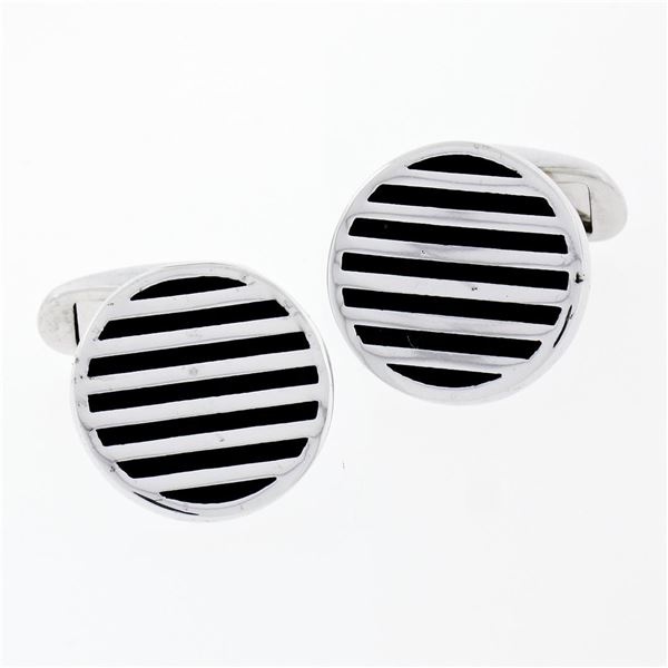 NEW Men's Round 14K White Gold Black Onyx Ribbed Circle Disc Swivel Cuff Links
